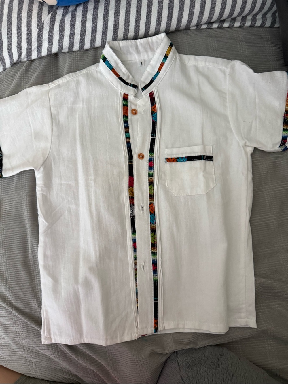White Short-Sleeve boys Guayabera Shirt with Multicolor Trim
